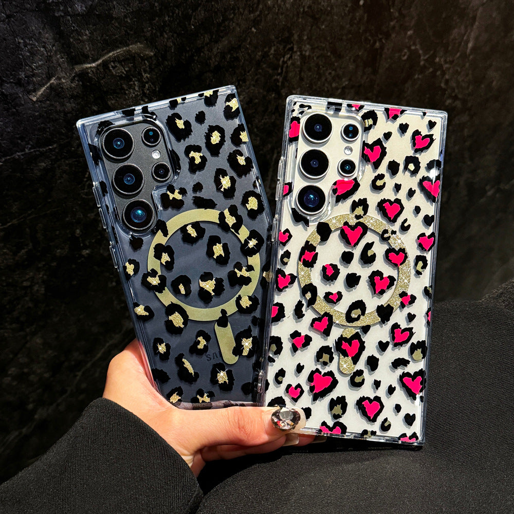 Samsung Galaxy S25 S24 S23 Ultra スマホケース S24FE S23FE ケース 人気の欧米風ヒョウ柄magsafe磁気リング携帯電話ケース