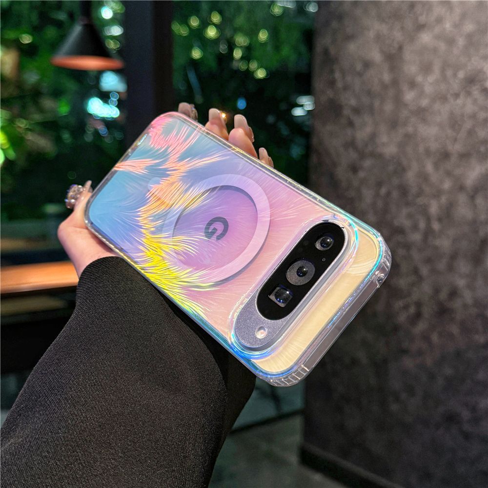 Google Pixel 10 9 Pro XL スマホケース Pixel 9a ケース高級グラデーションのカラフルな羽根模様の携帯電話ケース magsafe磁気リング携帯電話ケース