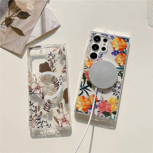 Samsung Galaxy S25 S24 S23 S22 Ultra スマホケース S24FE S23FE ケースクラシックでエレガントな花柄の携帯電話ケース Magsafe磁気リング携帯電話ケース