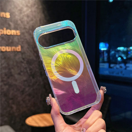 Google Pixel 10 9 Pro XL スマホケース Pixel 9a ケース高級グラデーションのカラフルな羽根模様の携帯電話ケース magsafe磁気リング携帯電話ケース