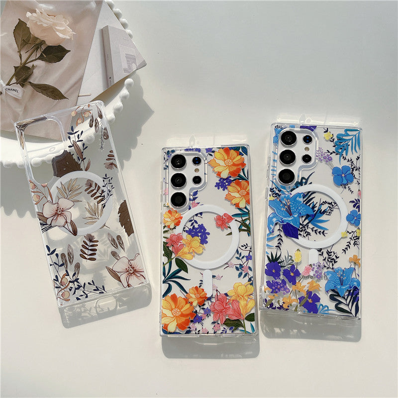 Samsung Galaxy S25 S24 S23 S22 Ultra スマホケース S24FE S23FE ケースクラシックでエレガントな花柄の携帯電話ケース Magsafe磁気リング携帯電話ケース