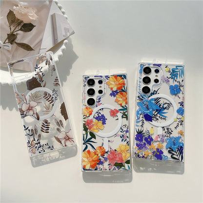 Samsung Galaxy S25 S24 S23 S22 Ultra スマホケース S24FE S23FE ケースクラシックでエレガントな花柄の携帯電話ケース Magsafe磁気リング携帯電話ケース