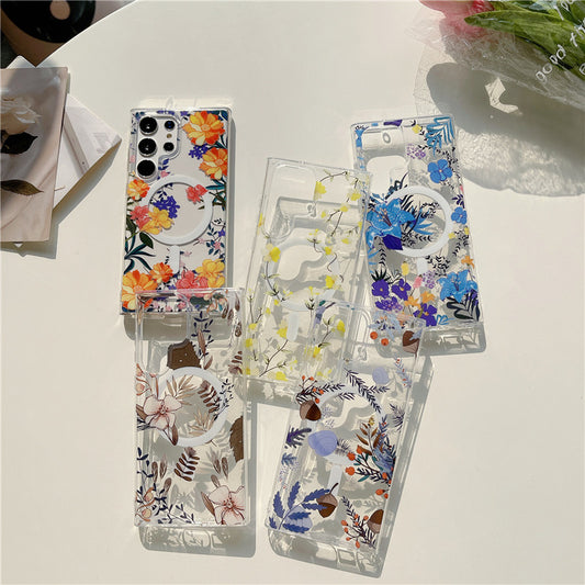 Samsung Galaxy S25 S24 S23 S22 Ultra スマホケース S24FE S23FE ケースクラシックでエレガントな花柄の携帯電話ケース Magsafe磁気リング携帯電話ケース
