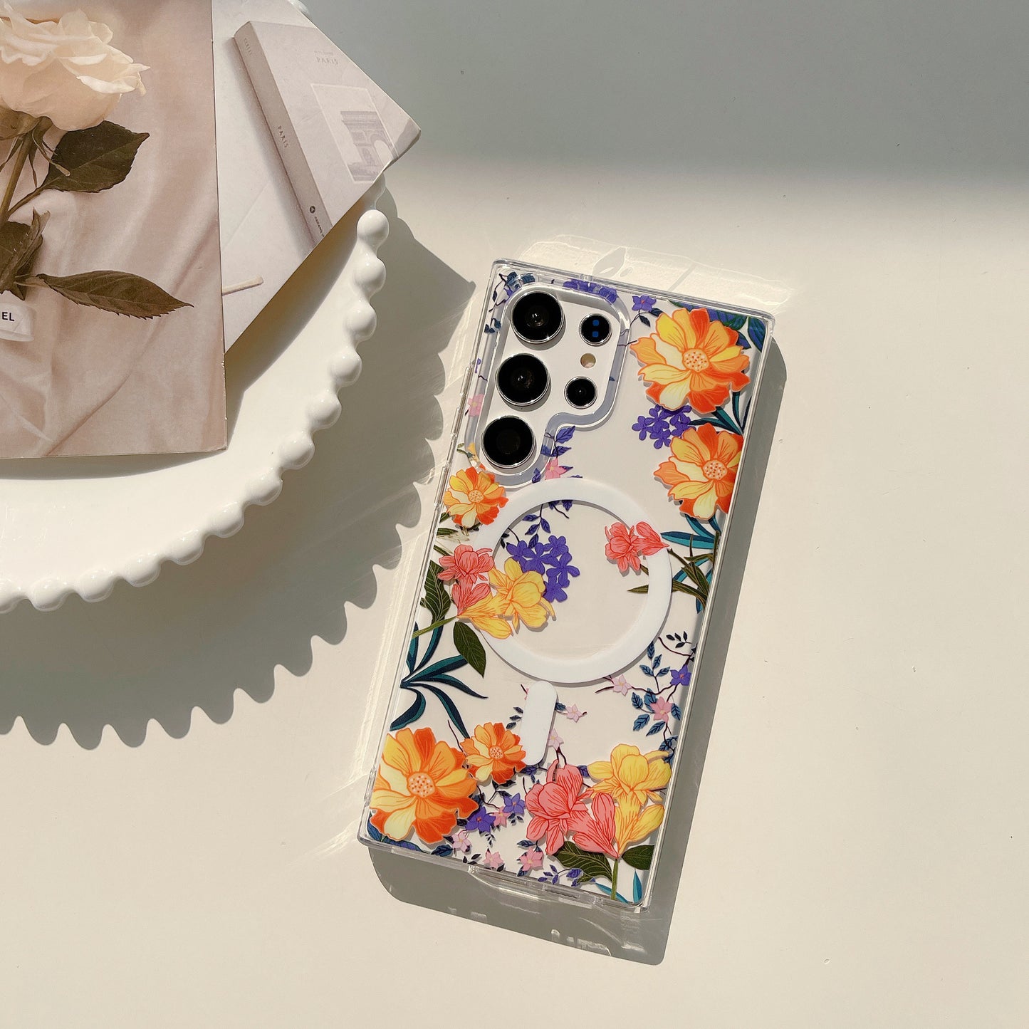 Samsung Galaxy S25 S24 S23 S22 Ultra スマホケース S24FE S23FE ケースクラシックでエレガントな花柄の携帯電話ケース Magsafe磁気リング携帯電話ケース