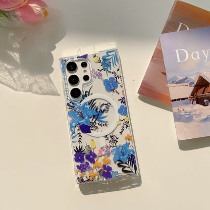 Samsung Galaxy S25 S24 S23 S22 Ultra スマホケース S24FE S23FE ケースクラシックでエレガントな花柄の携帯電話ケース Magsafe磁気リング携帯電話ケース