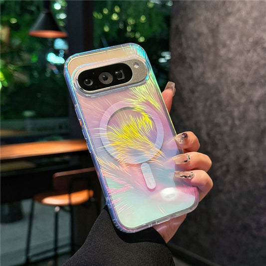 Google Pixel 10 9 Pro XL スマホケース Pixel 9a ケース高級グラデーションのカラフルな羽根模様の携帯電話ケース magsafe磁気リング携帯電話ケース